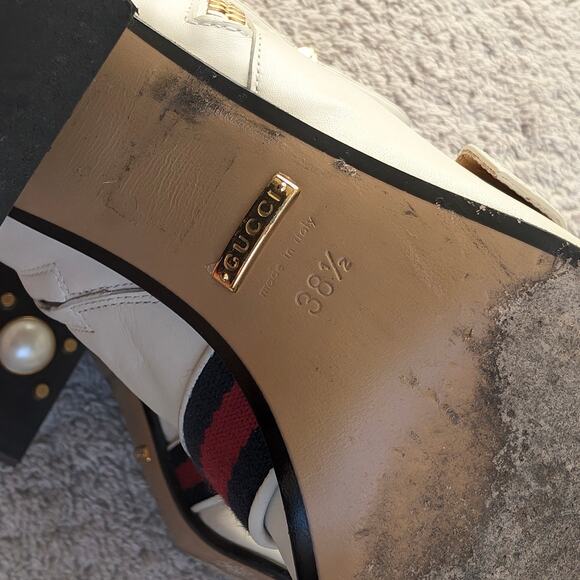 Gucci Marmont White Leather Logo Pearl Heel Embellished Ankle Boots, size US 8.5 - Picture 7 of 11